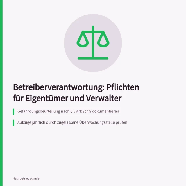 Karte zur Betreiberverantwortung mit Pflichten, Prüffristen und Nachweisen. Betreiberverantwortung Gebäude: Pflichten für Eigentümer und Verwalter