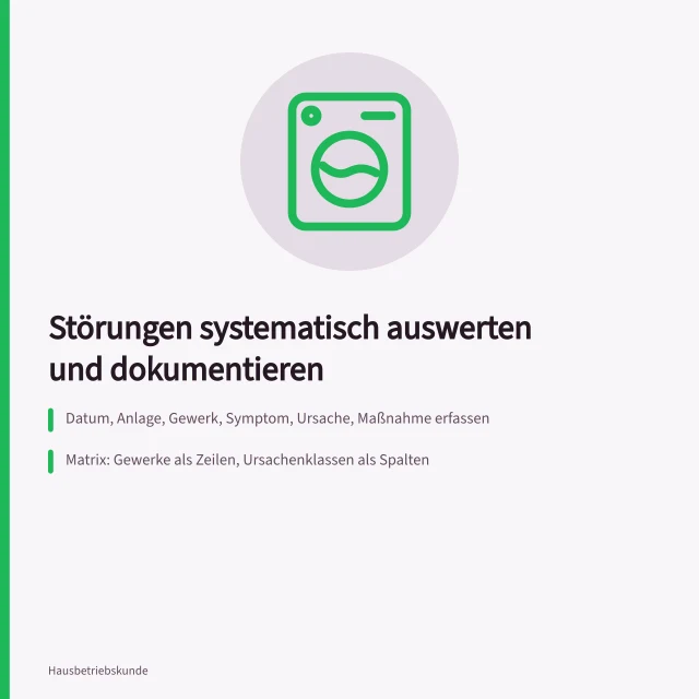 Auswertungsmatrix für Störungen im technischen Gebäudebetrieb. Instandhaltungsauswertung nach VDI 3810: Wiederkehrende Maßnahmen aus dem Bauwerksbuch nachhalten