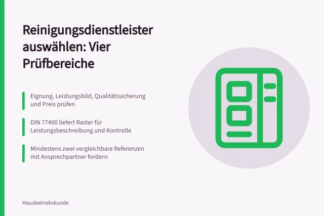 Karte zu Prüfbereichen und Nachweisen bei der Auswahl von Reinigungsdienstleistern. Reinigungsdienstleister auswählen: Kriterien und Nachweise