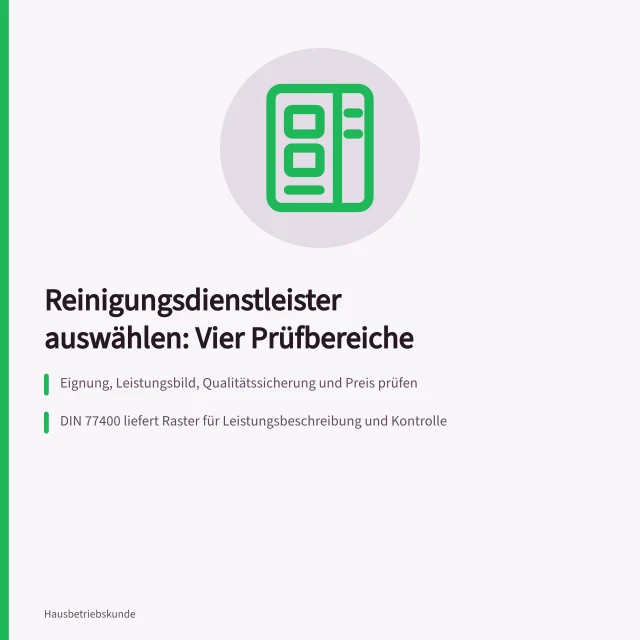 Karte zu Prüfbereichen und Nachweisen bei der Auswahl von Reinigungsdienstleistern. Reinigungsdienstleister auswählen: Kriterien und Nachweise