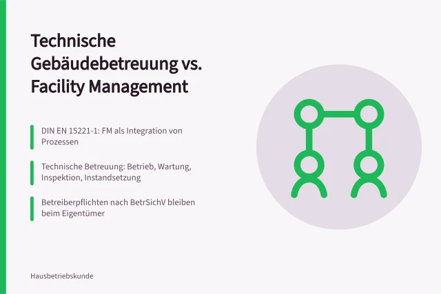 Vergleich technische Gebäudebetreuung und Facility Management mit Normen und Pflichten. Technische Gebäudebetreuung im Vergleich zu Facility Management