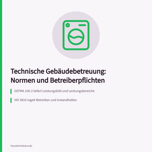 Karte zu Normen, Leistungsbild und Betreiberpflichten der Gebäudebetreuung. Technische Gebäudebetreuung: Leistungen und Normen für Betreiber