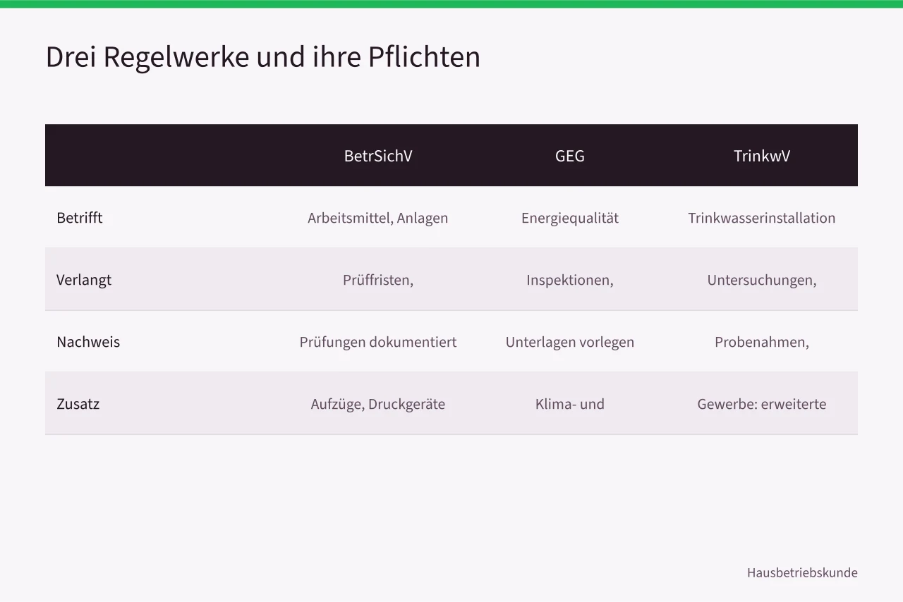 Vergleich der Pflichten aus BetrSichV, GEG und TrinkwV für Hausverwaltungen (Betriebsdokumentation nach VDI 3810, Pflichten für Hausverwaltungen in Deutschland)