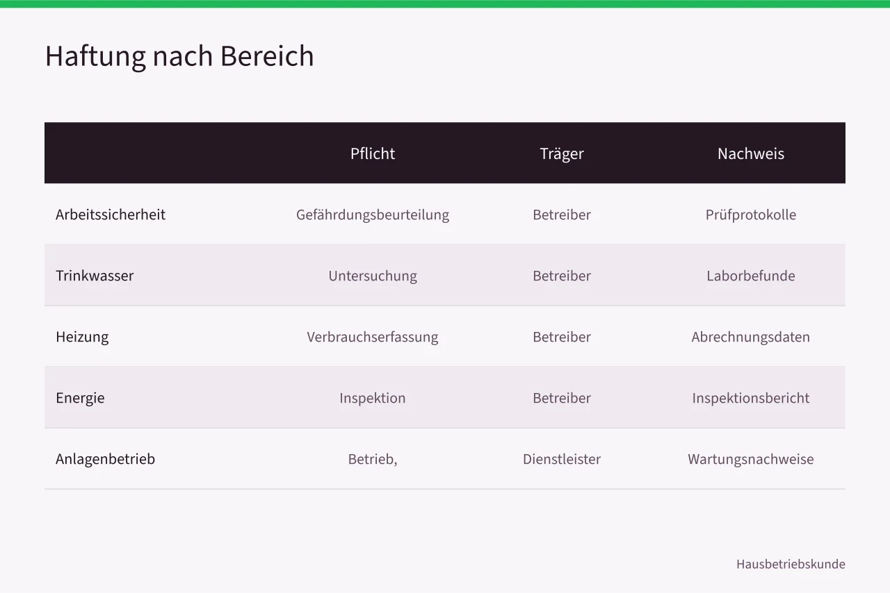 Tabelle zur Verteilung von Pflichten und Haftung in der Gebäudebetreuung (Grenzüberschreitende Dienstleistersteuerung, EU-Normen und deutsche Umsetzung)