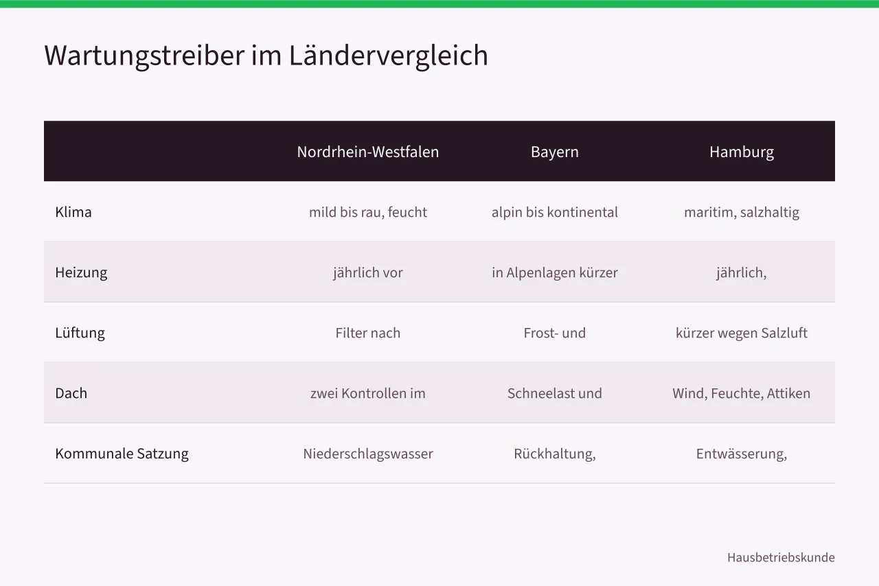 Vergleichstabelle der Wartungstreiber für NRW, Bayern und Hamburg (Wartungsintervalle im Vergleich, Klima und Bundesland bestimmen die Frequenz)